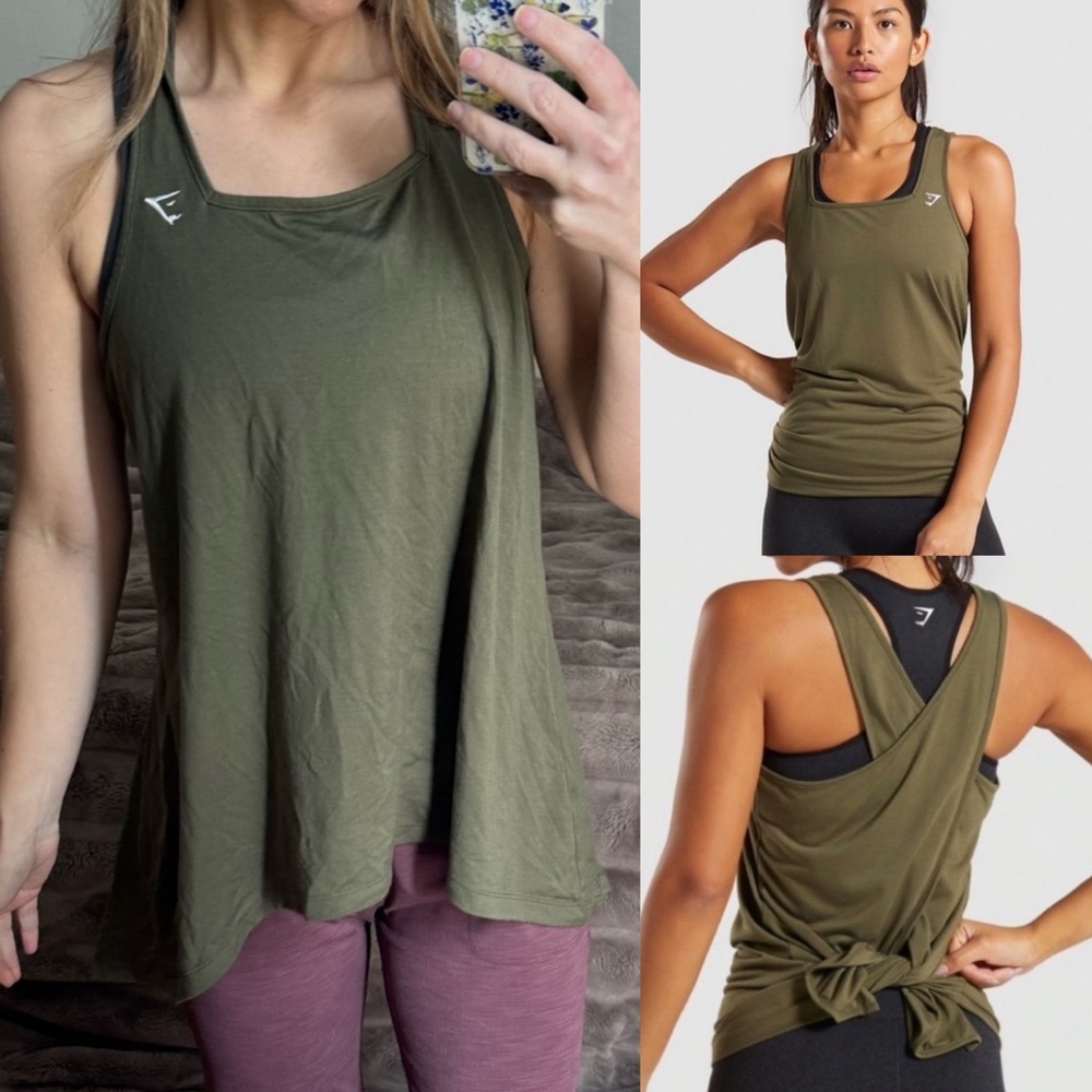 Gymshark Tie Back Vest Tank Top Khaki square neck flyaway open